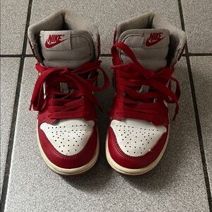 Nike Air Jordan Red and White High-Top Sneakers with Gray Tongue